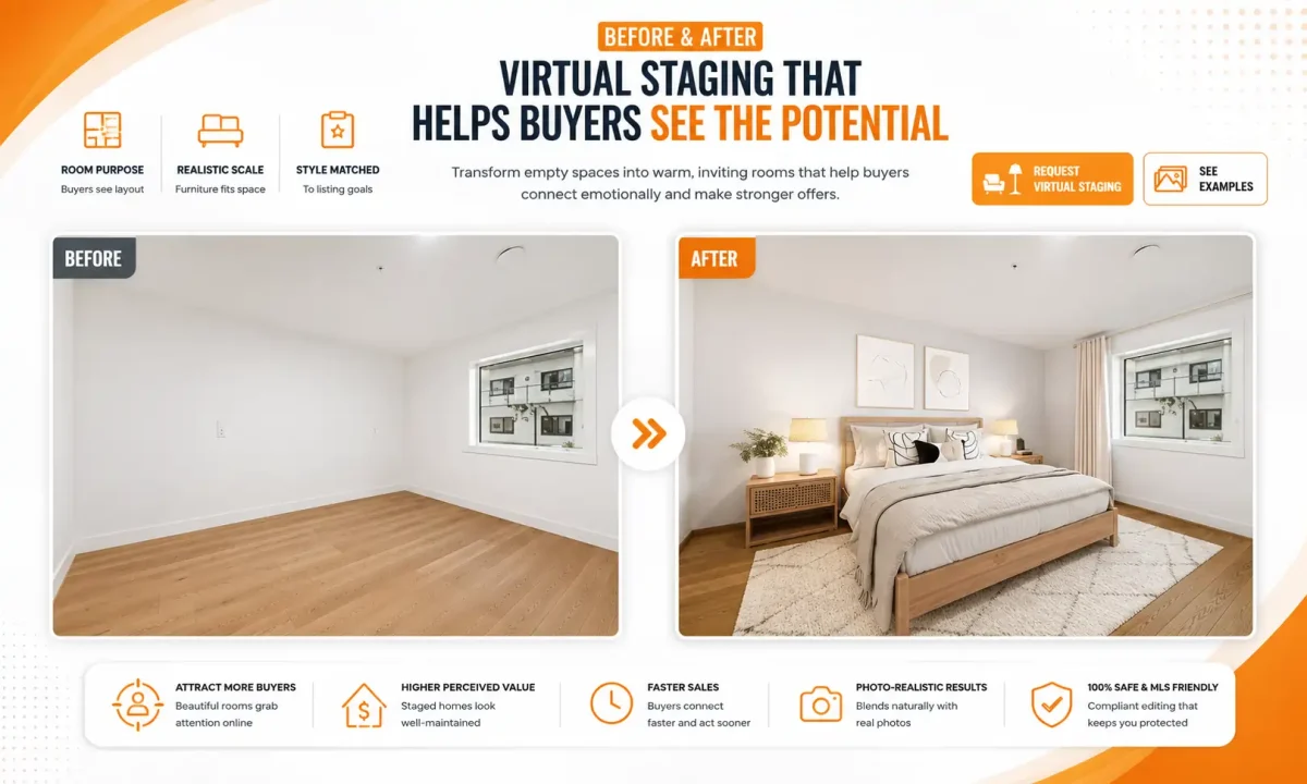Before and after virtual staging of an empty bedroom by PixelShouters