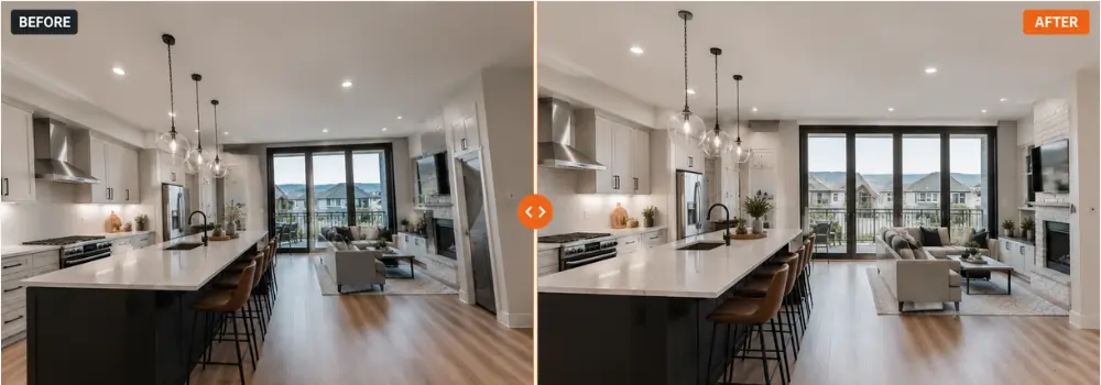 Before and after perspective and vertical correction for bulk property photo editing, showing a kitchen and living room with straightened walls and corrected lines.