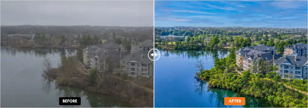 Before and after grass enhancement and landscape cleanup for bulk property photo editing, replacing patchy brown lawn with lush green grass.