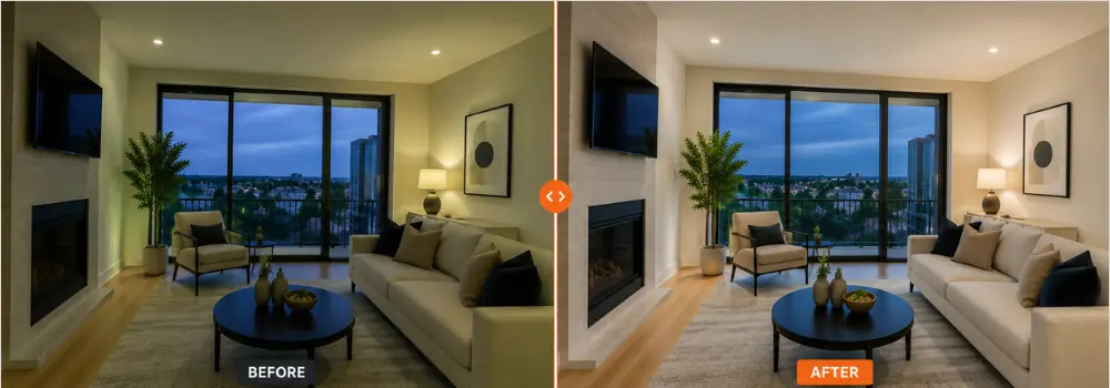 Before and after color correction for bulk property photo editing, showing a living room at dusk with yellow cast removed for natural, balanced tones.
