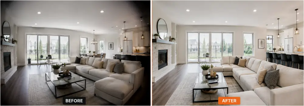 Before and after perspective and vertical correction for bulk property photo editing, fixing wide-angle distortion and straightening walls in a living room.