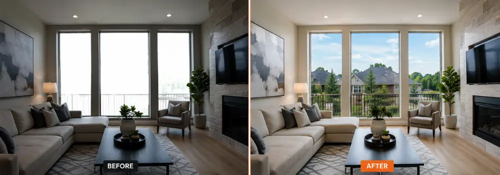 Before and after window masking and window pulls for bulk property photo editing, restoring blown-out windows to show clear exterior view.