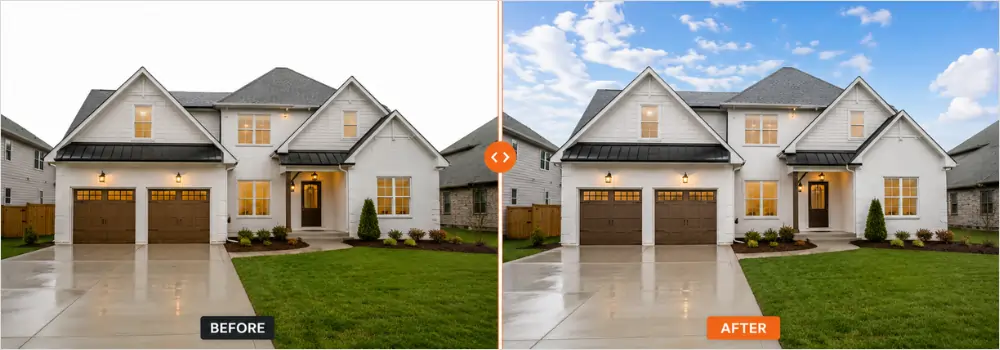 Before and after sky replacement for bulk property photo editing, changing a white overcast sky to a bright blue sky with clouds on a house exterior.