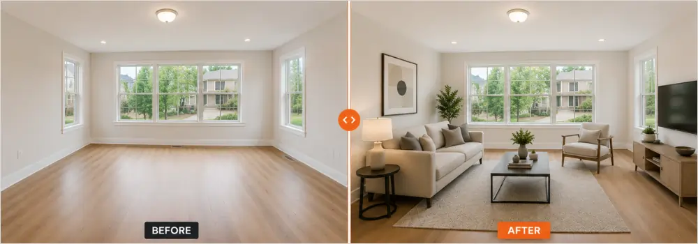 Before and after virtual staging for bulk property photo editing, turning an empty living room into a fully furnished space with sofa, chairs, and decor.