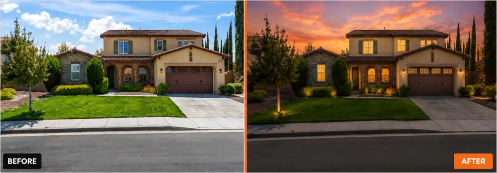 Before and after day to dusk editing for bulk property photo editing, converting a daytime house photo to twilight with glowing lights and sunset sky.
