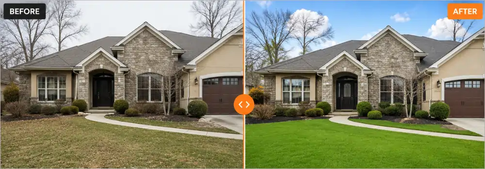 Before and after grass enhancement and landscape cleanup for bulk property photo editing, replacing patchy brown lawn with lush green grass.