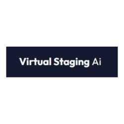 Virtual Staging AI logo with white text on dark blue background, a tool to outsource virtual staging services