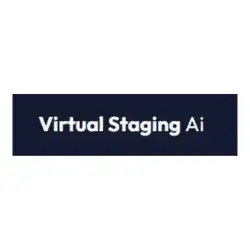 Virtual Staging AI logo with white text on dark blue background, a tool to outsource virtual staging services