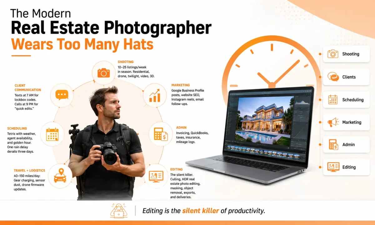 What real estate photographers actually do each day: shooting, clients, scheduling, marketing, admin, and editing. Shows why real estate photographers outsource editing to save time.