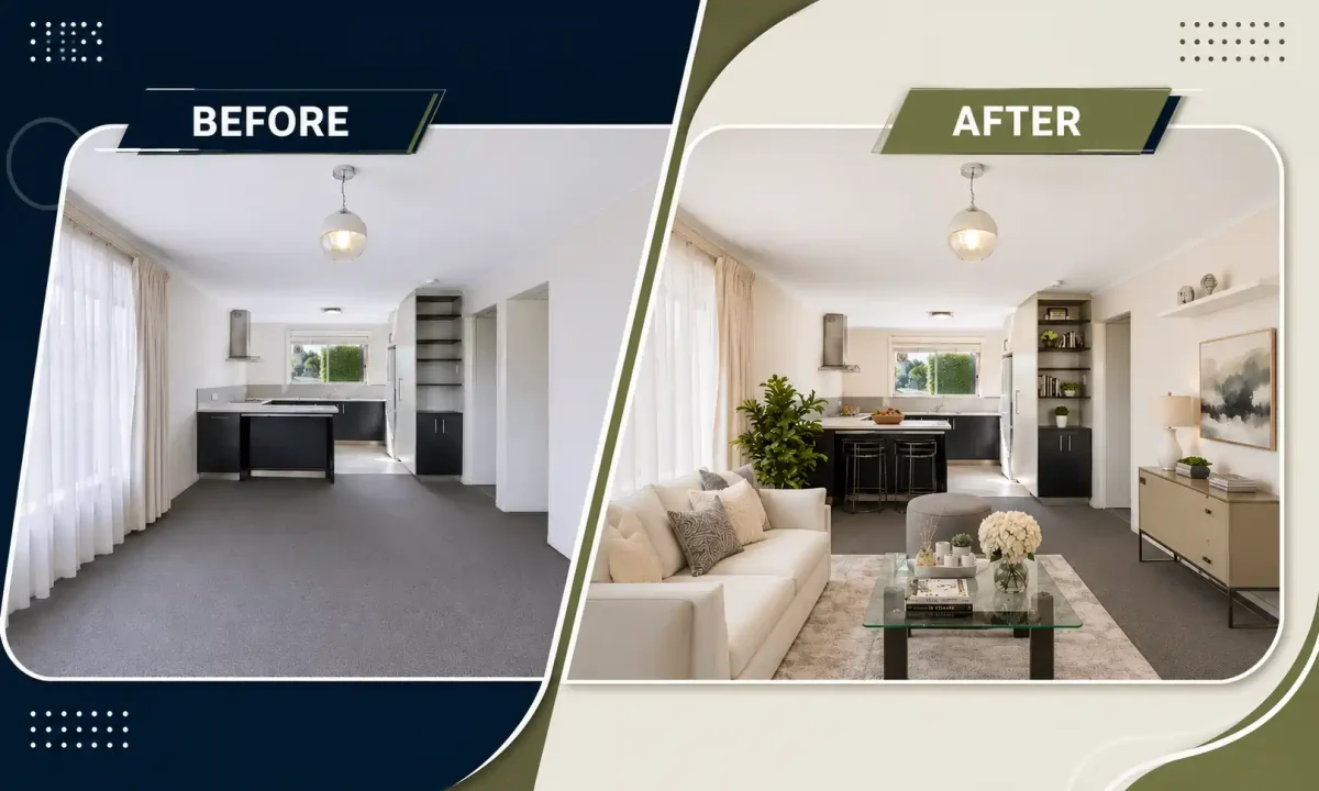 Empty living room before and furnished after virtual staging, showing why realtors outsource virtual staging services to sell homes faster