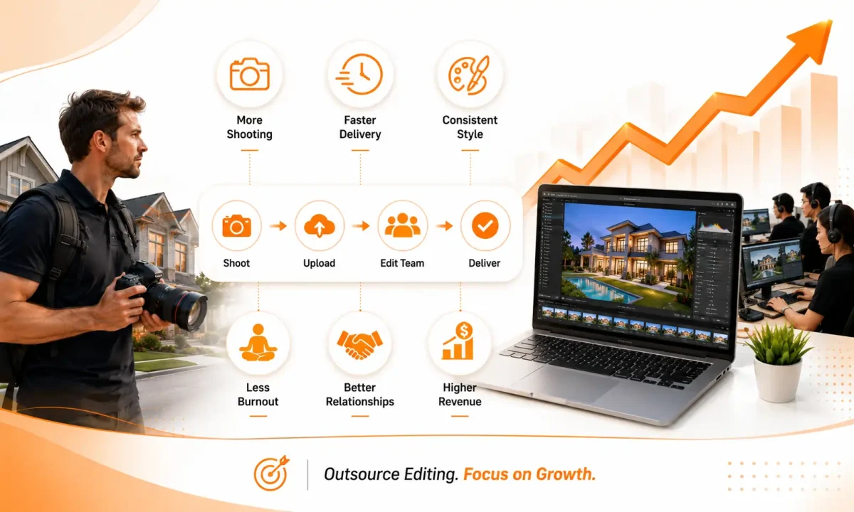 Real estate photographers outsource editing for faster delivery, consistent style, and higher revenue. Infographic shows workflow from shoot to edit team to delivery.