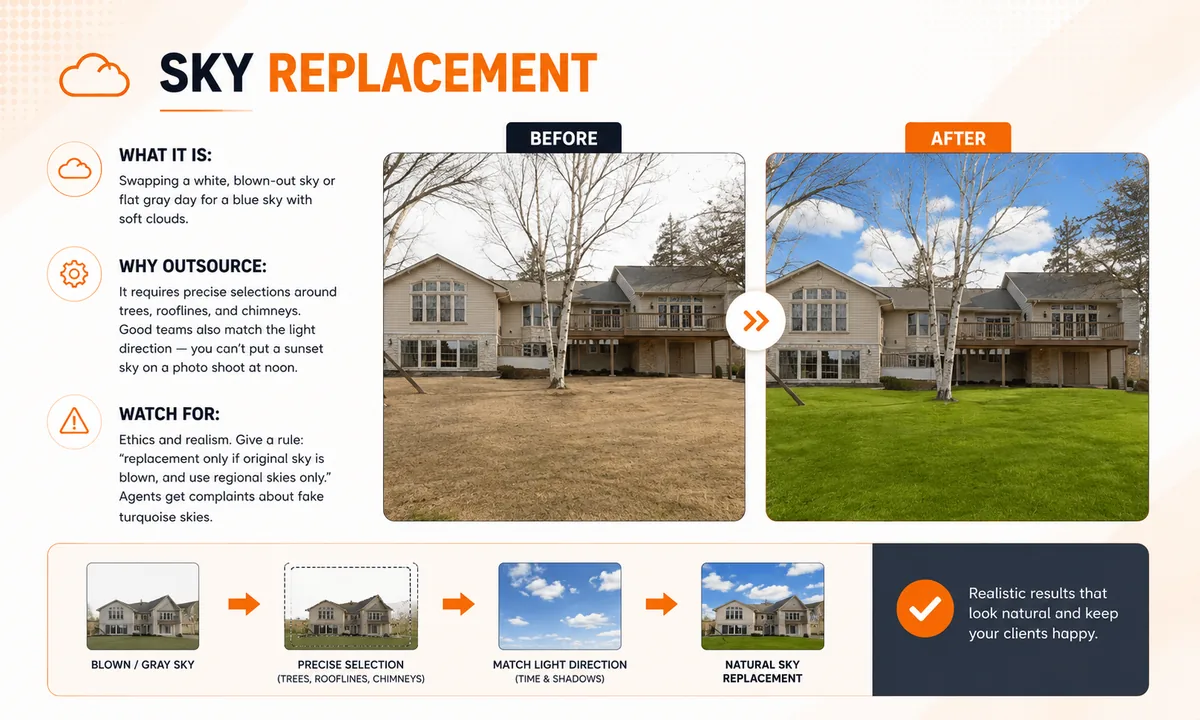 Sky replacement real estate exterior photo editing example