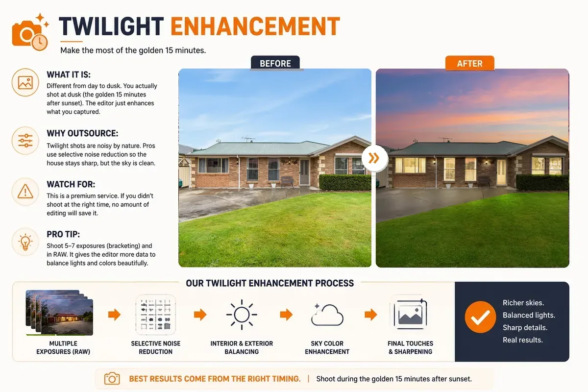 Twilight enhancement real estate photo editing before and after example