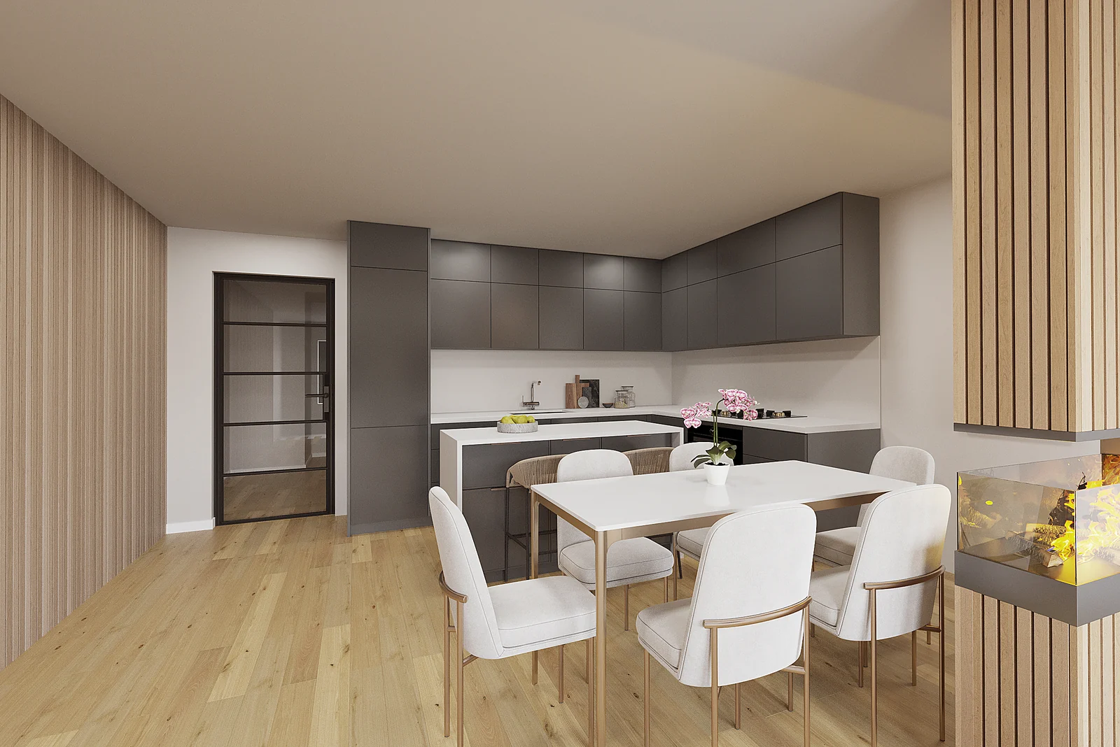 Updated kitchen and dining concept after real estate virtual renovation by PixelShouters