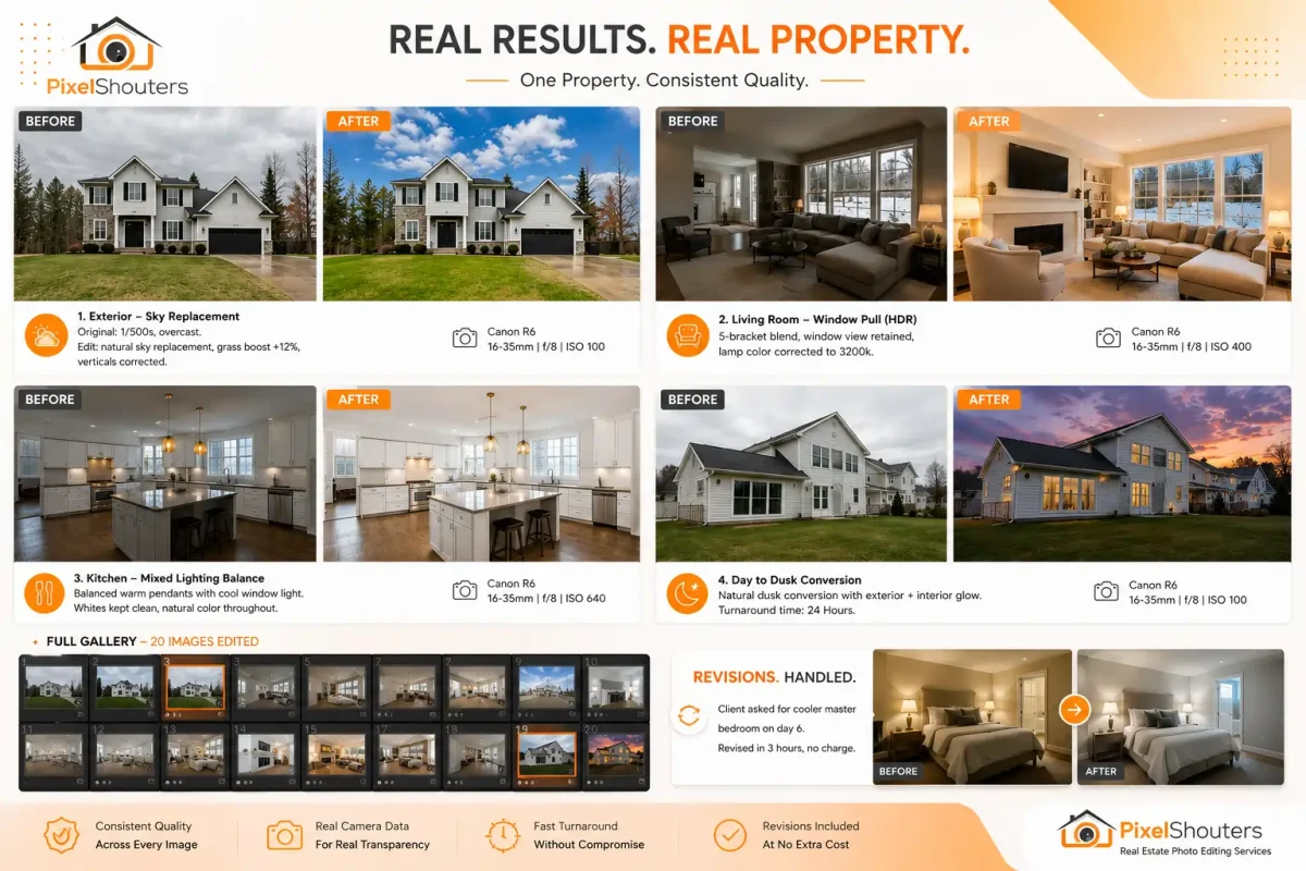 Phixer alternative real estate photo editing examples showing before and after HDR blending, sky replacement, color correction, twilight conversion, and gallery consistency by PixelShouters.