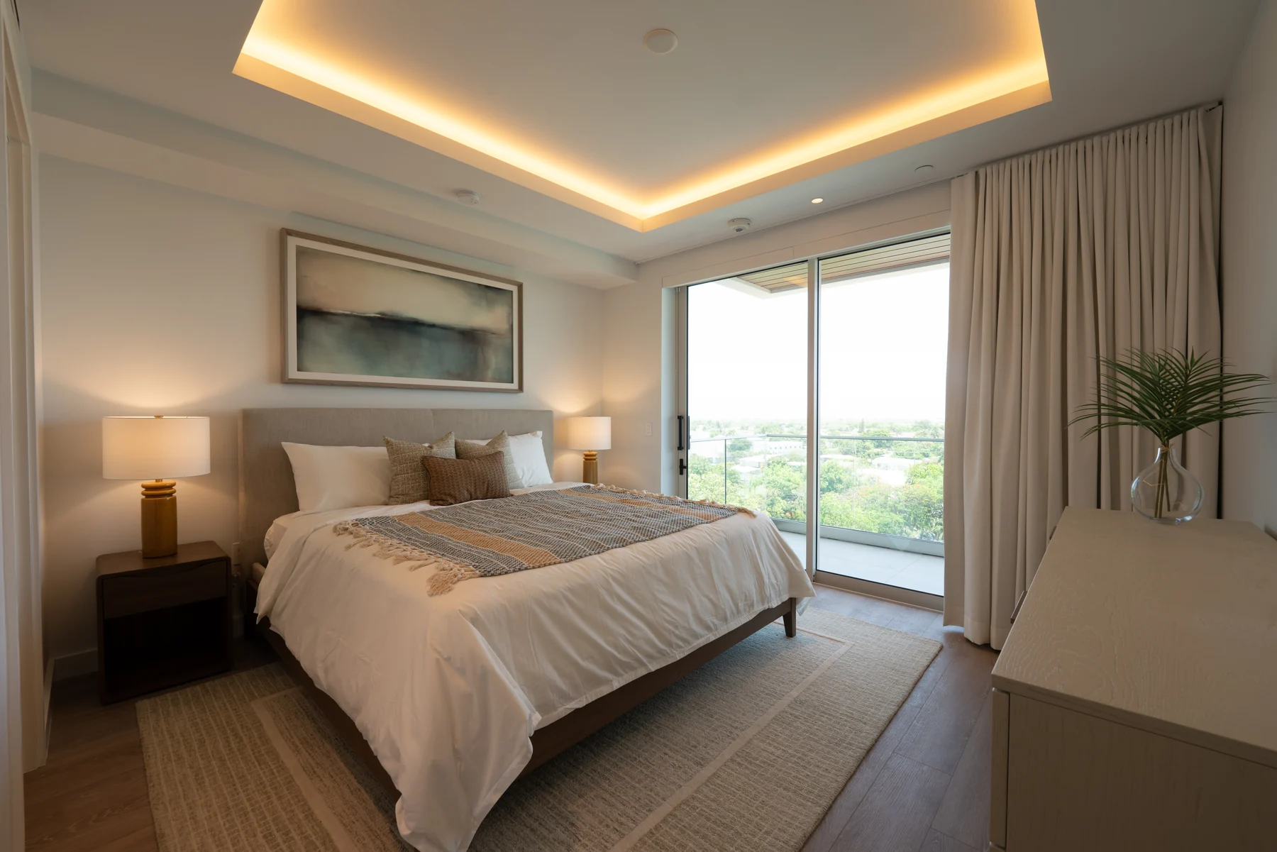 Luxury bedroom before real estate photo enhancement with dark room and bright window by PixelShouters