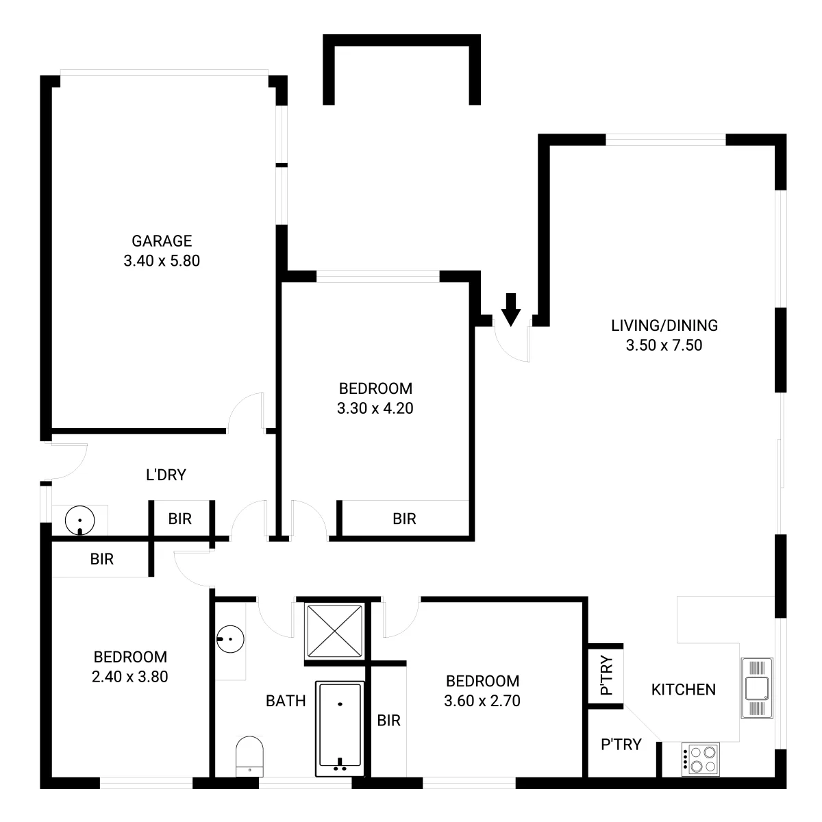 Clean 2D real estate floor plan layout checked for readable room labels and buyer flow by PixelShouters