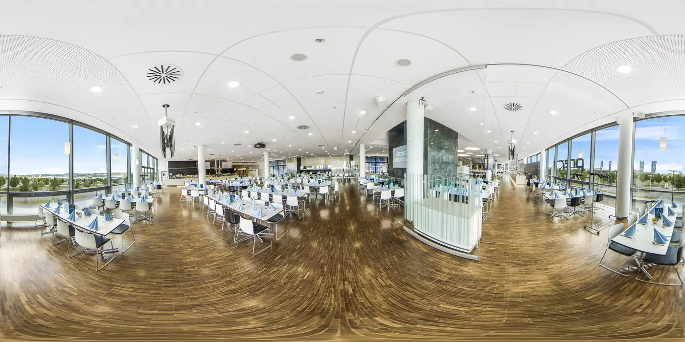 Commercial dining lounge panorama prepared for real estate virtual tour quality checks by PixelShouters