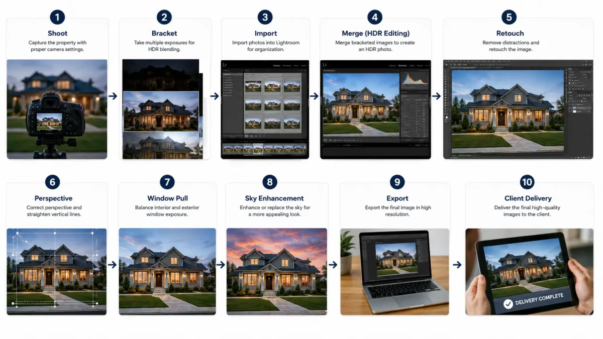 10 step HDR blending workflow for real estate photo delivery from bracketed shoot to window pull and client export