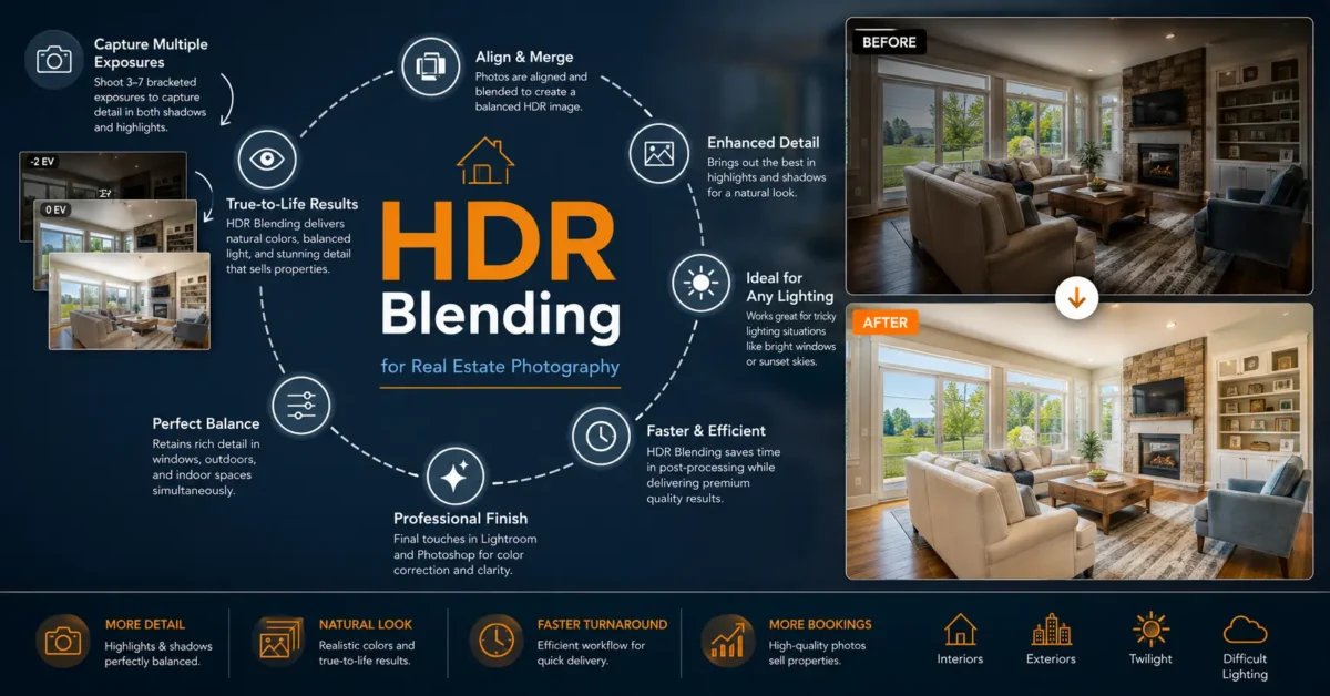 HDR Blending for Real Estate Photography 12 step workflow infographic