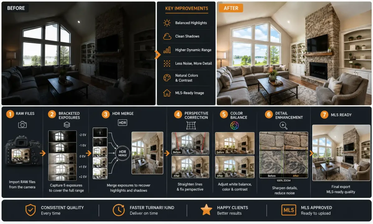 Infographic showing 7-step HDR bracketing workflow converting dark bracketed real estate photos into bright MLS-ready final image with before after comparison