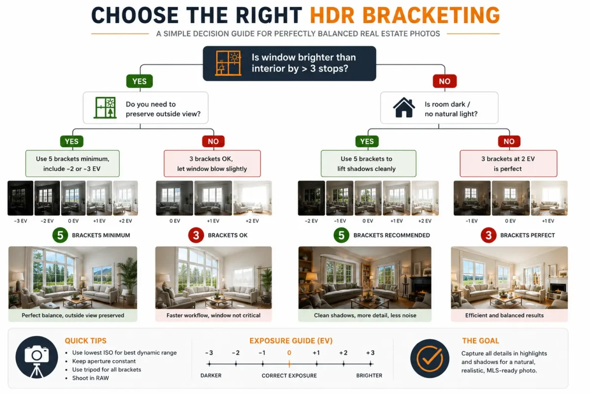 Decision tree infographic showing HDR bracketing workflow for bracketed real estate photos, helping choose 3 vs 5 brackets based on window brightness