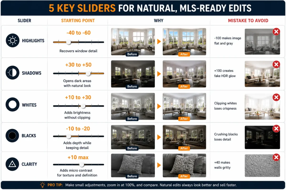 Table infographic showing 5 key Lightroom sliders for bracketed real estate photos with starting points, before after examples and mistakes to avoid