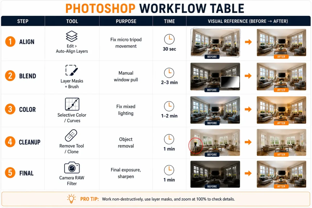 Photoshop workflow table showing 5 steps to edit bracketed real estate photos, align, blend, color, cleanup, final with tools and before after visuals