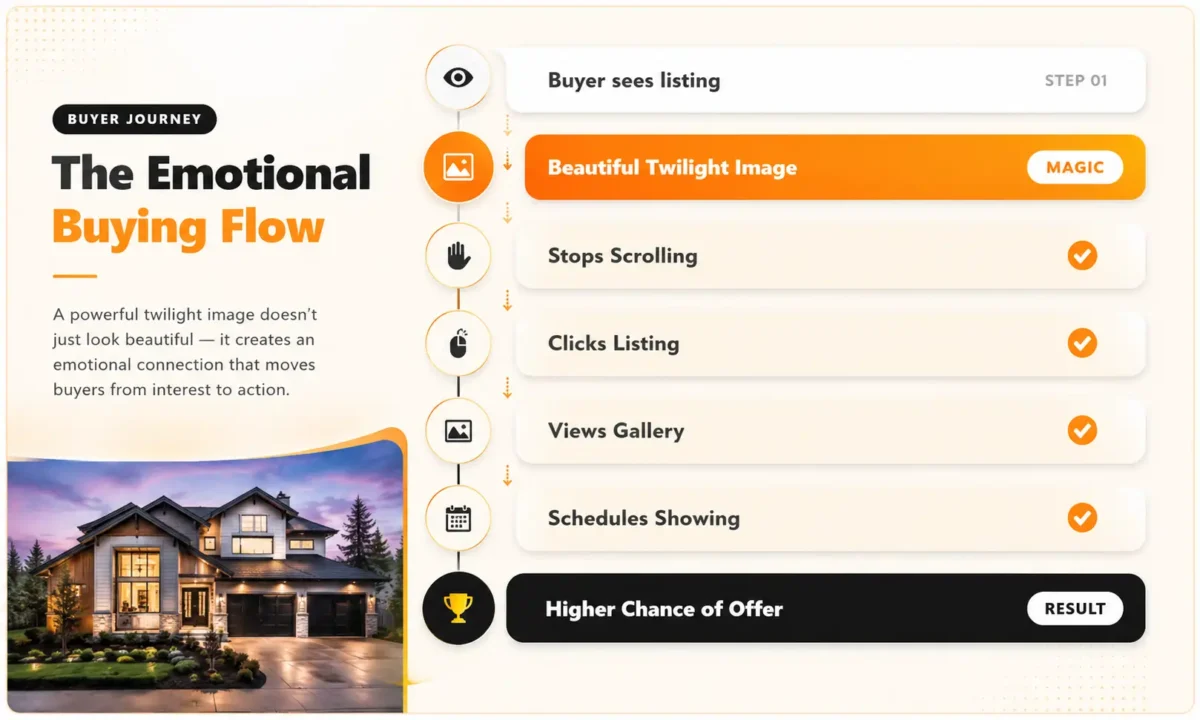 Infographic showing the emotional buying flow how day to dusk editing that looks real stops scrolling and leads to higher chance of offer