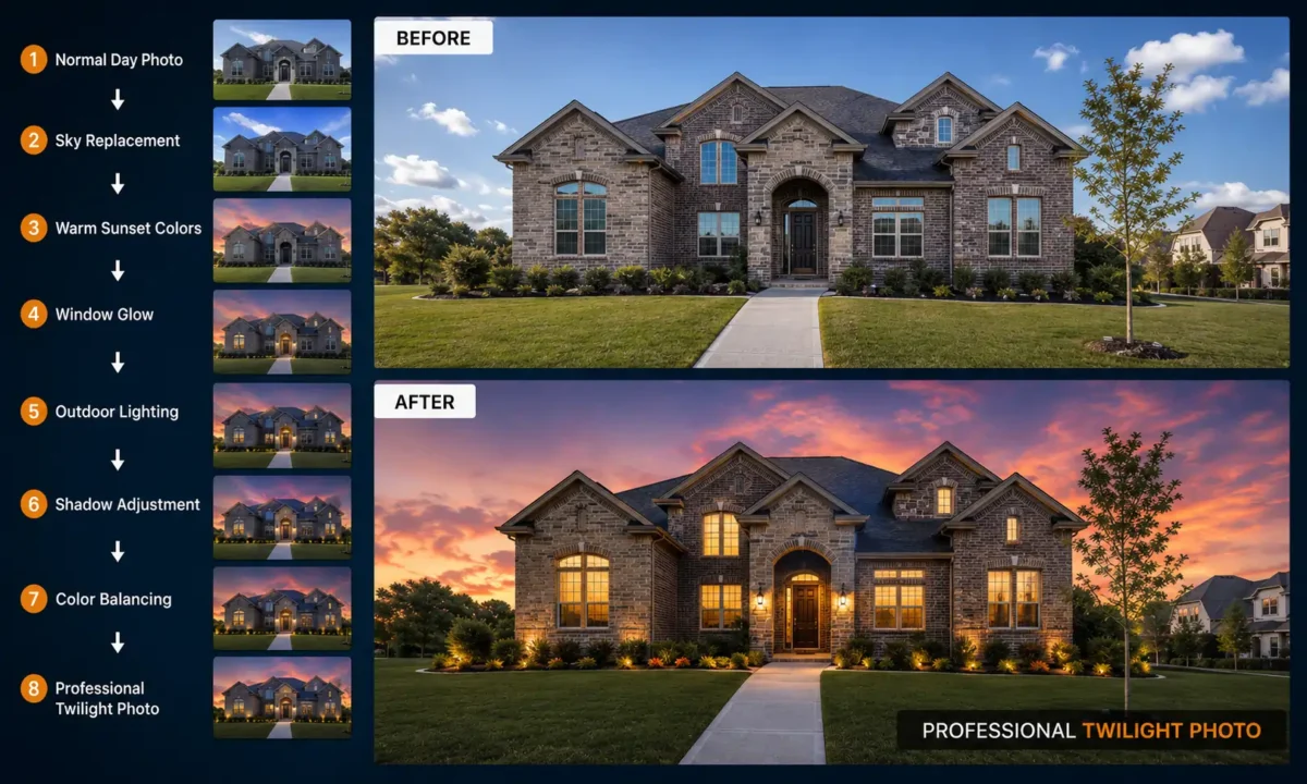 8-step before and after infographic showing the core process of day to dusk editing that looks real, from normal day photo to professional twilight photo