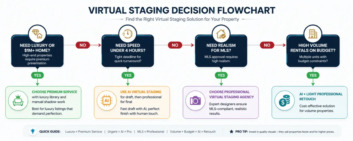 Decision flowchart comparing 4 virtual staging options by luxury, speed, MLS needs and budget for Virtual Staging Cost Comparison