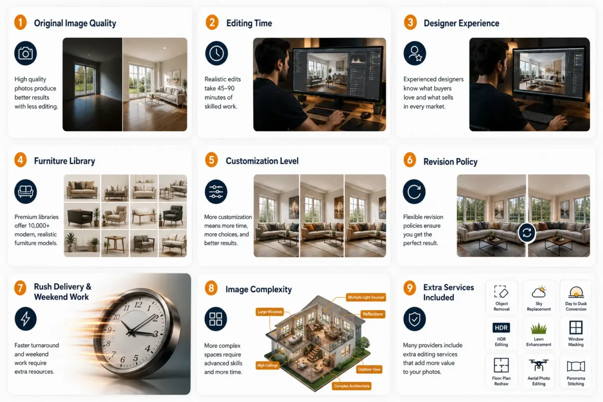Infographic showing 9 factors why virtual staging prices vary including image quality, editing time, designer experience, furniture library and extra services for Virtual Staging Cost Comparison