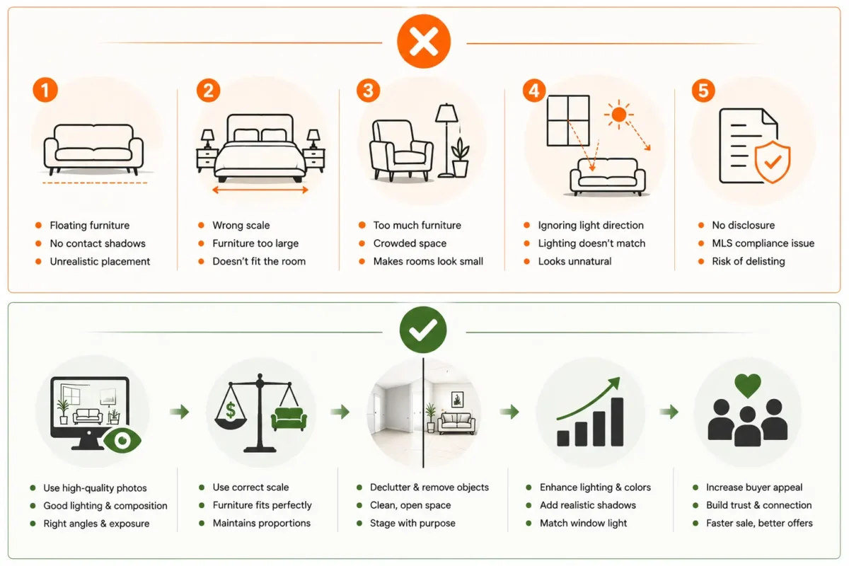 Infographic showing 5 common virtual staging mistakes - floating furniture, wrong scale, crowded space, ignoring light direction, no disclosure vs correct staging workflow