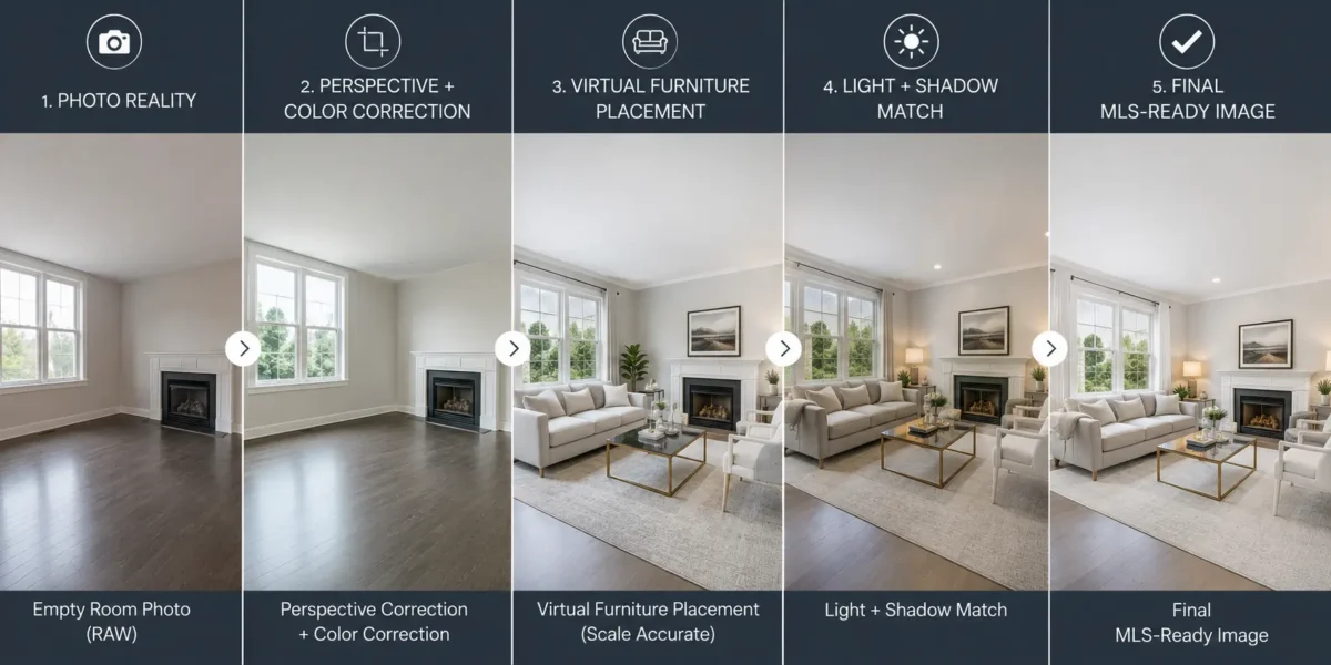 5-step virtual staging workflow showing empty room to final MLS-ready image for virtual staging vs physical staging comparison