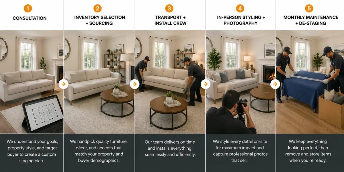 5-step infographic showing physical staging workflow from consultation and furniture sourcing to transport, install, in-person styling and de-staging