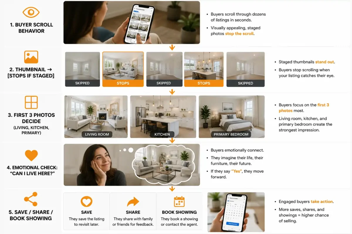 Infographic showing 5-step buyer decision psychology from scrolling listings to booking showing, comparing skipped empty rooms vs staged thumbnails that stop the scroll