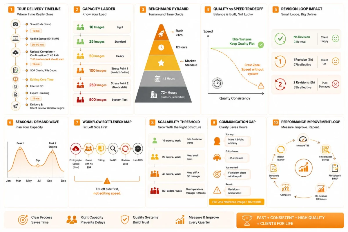 10-panel infographic visualizing Real Estate Photo Editing Turnaround Benchmark - delivery timeline, capacity ladder, benchmark pyramid, quality vs speed tradeoff, revision loop impact, seasonal demand, bottleneck map, scalability, communication gap, and performance loop.
