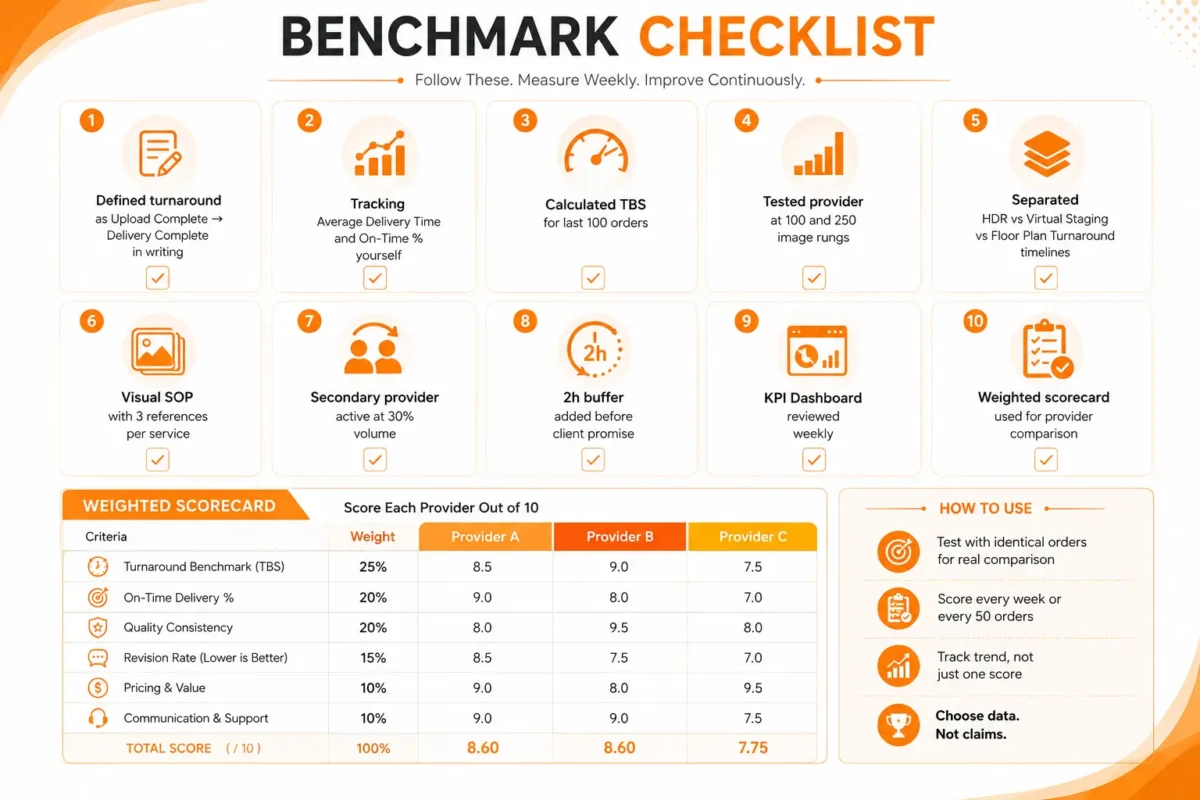 Benchmark Checklist infographic with 10-point checklist and weighted scorecard for Real Estate Photo Editing Turnaround Benchmark, comparing providers on turnaround, quality, and delivery KPIs.