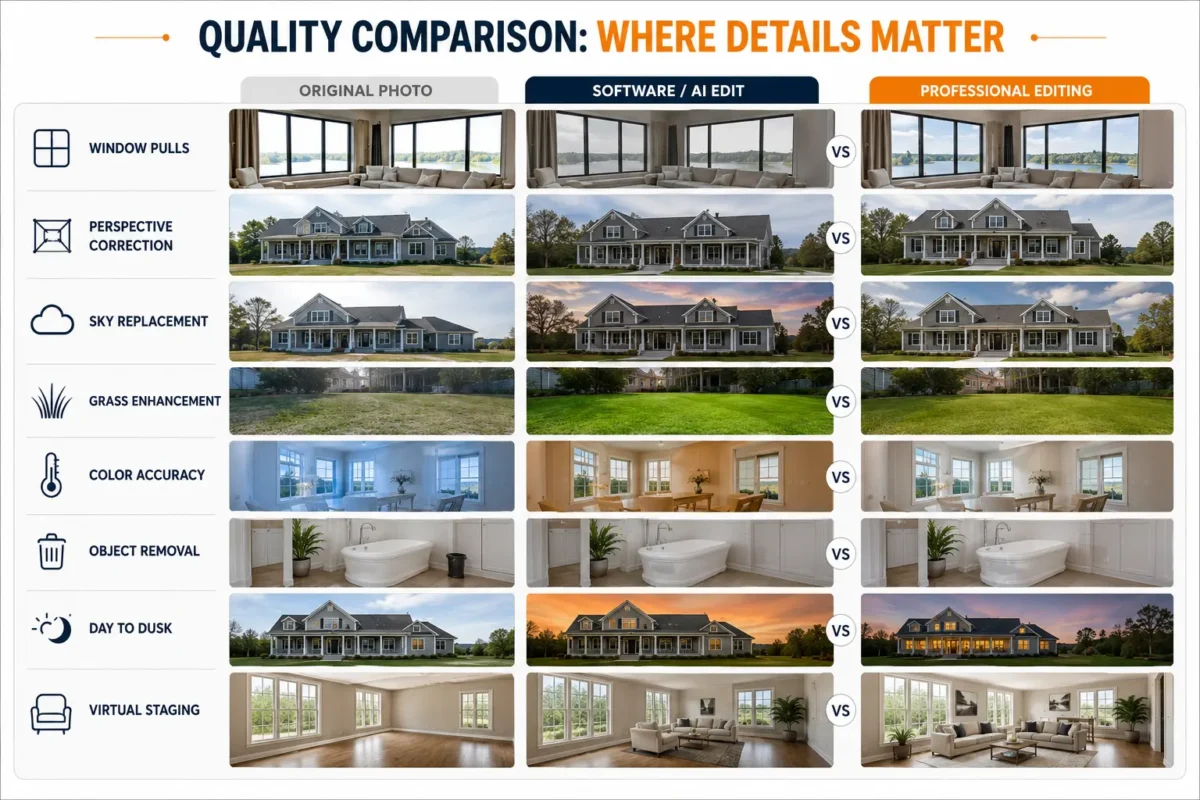 Quality comparison infographic showing original vs software/AI edit vs professional editing for 8 details - Real Estate Photo Editing Software vs Service
