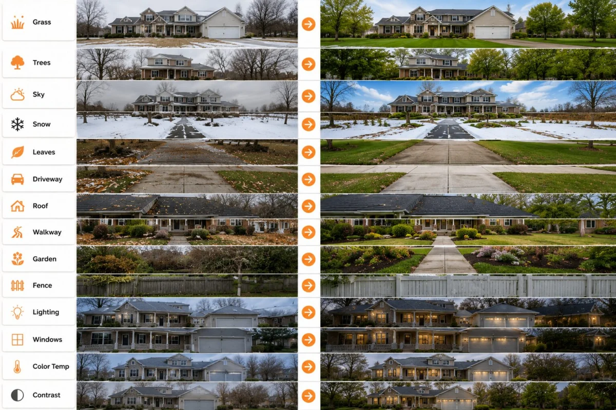 Before vs after seasonal exterior editing comparison showing 14 honest changes for grass, sky, snow and more - Real Estate Photo Editing Software vs Service