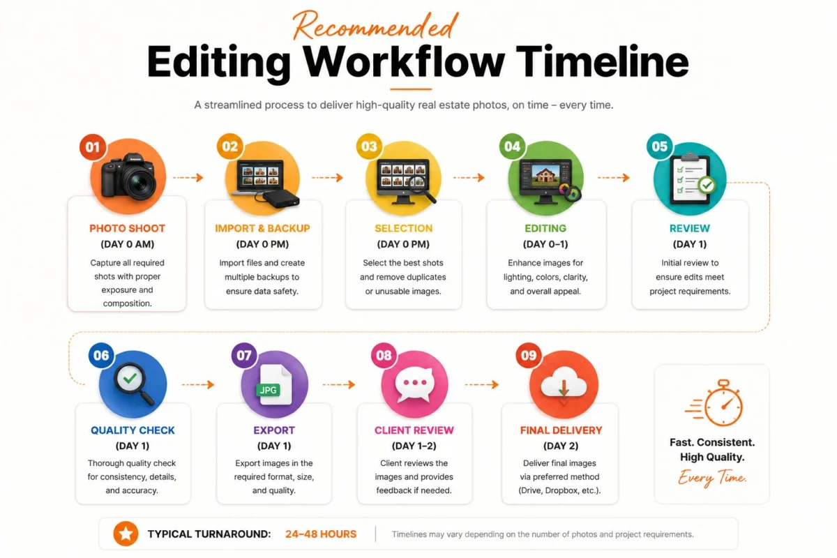 Infographic showing 9-step real estate photo editing workflow timeline from photo shoot to final delivery in 24-48 hours