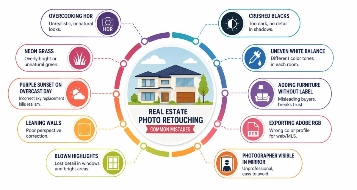 Infographic showing 10 common Real Estate Photo Retouching mistakes including overcooked HDR, blown highlights, leaning walls, crushed blacks, uneven white balance, poor sky replacement, and incorrect color profiles.