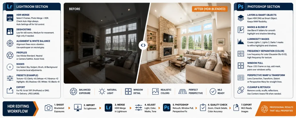 HDR editing workflow in Lightroom and Photoshop with before and after blended real estate interior