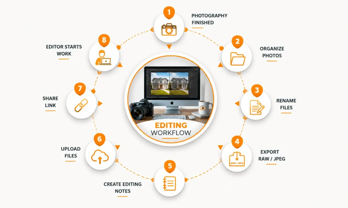 8-step real estate editing workflow infographic showing what should I send an editing company for real estate photos