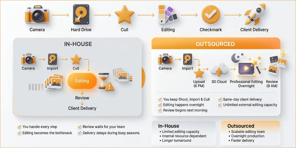 Infographic comparing in-house photo editing workflow to outsourced workflow. In-house shows camera, import, cull, editing bottleneck with hourglass, review and delayed client delivery. Outsourced shows upload at 6 PM to cloud, overnight professional editing, and review at 9 AM for faster delivery.
