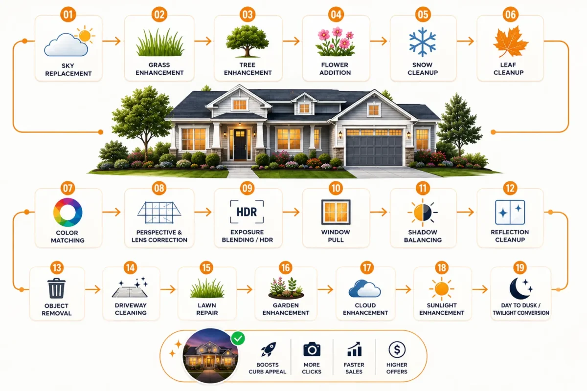 Infographic showing 19 real estate editing techniques from sky replacement to day to dusk conversion - Real Estate Photo Editing Software vs Service
