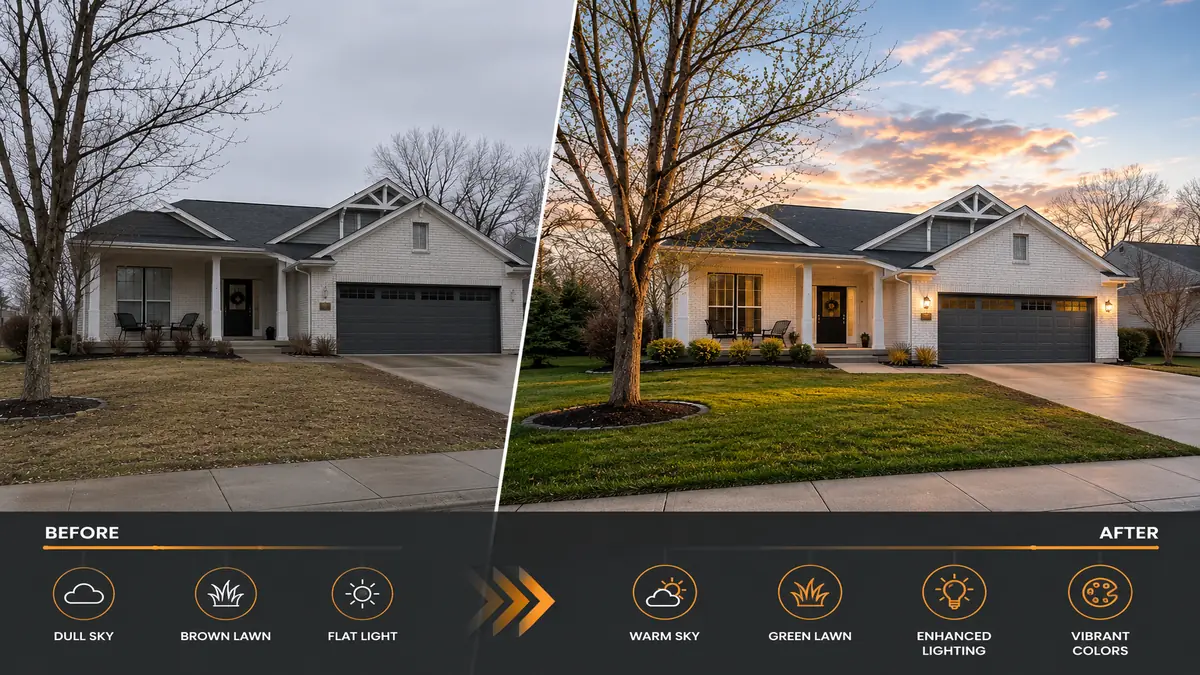 Seasonal exterior editing banner showing same house in winter, spring, summer, autumn and twilight - Real Estate Photo Editing Software vs Service