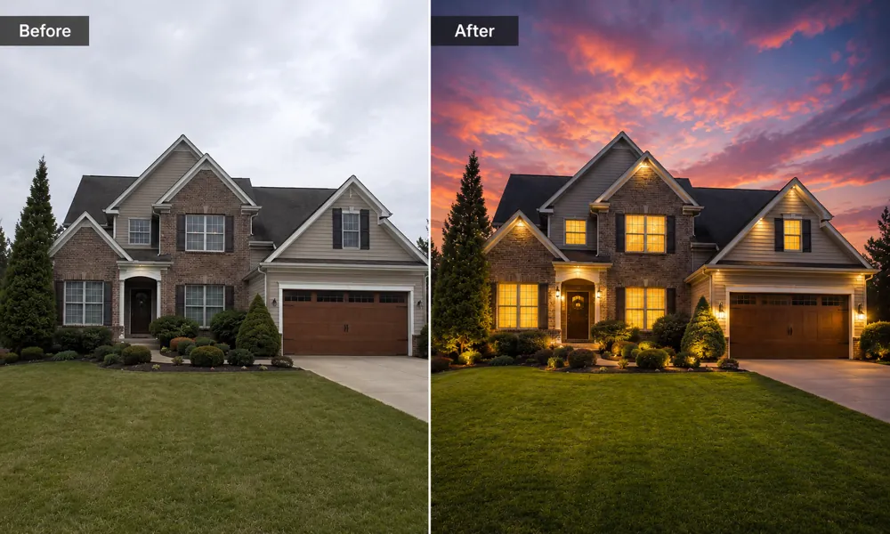 Before and after of a two story house showing day to dusk editing that looks real, from cloudy day to warm twilight with glowing windows