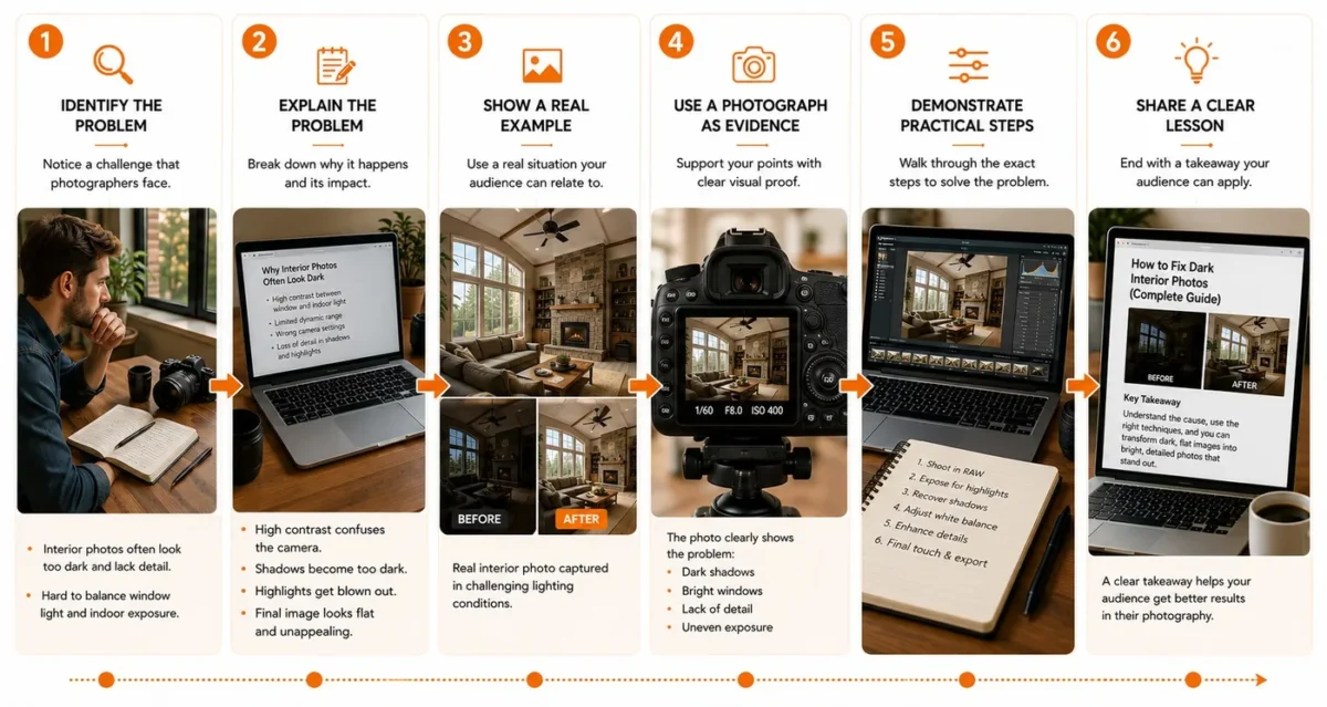 How to Start a Photography Blog - 6-step infographic on how to write a great photography blog post from problem to lesson