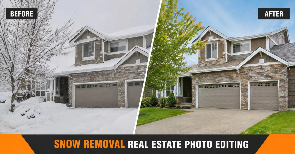Before and after showing What is Snow Removal Real Estate Photo Editing - snow-covered house transformed to green lawn and clear driveway